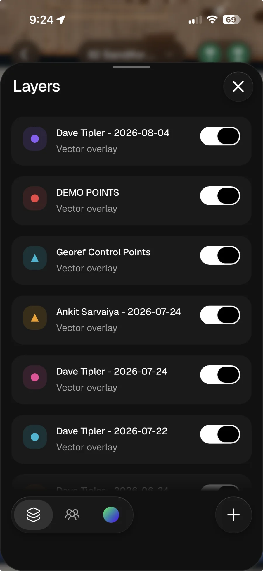 Mapdesk Mobile layers panel with colour-coded overlays and visibility toggles