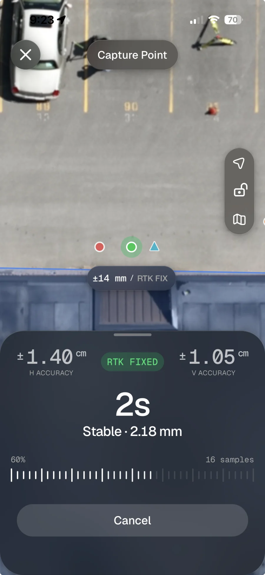 Mapdesk Mobile capturing a point with a live accuracy readout and a stability indicator